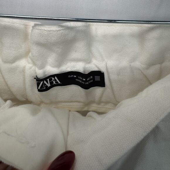 Zara Ivory High Rise Paperbag Jean Pants 100% Cotton Size Medium - Picture 3 of 7